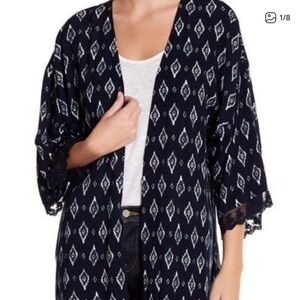 Skies Are Blue Ikat Kimono Cardigan Boho Navy Lace Sleeves Open Front Shrug S